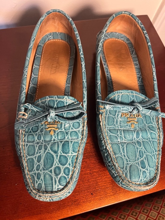 Prada Shoes - Prada Turquoise Crocodile Pattern Driving Mocs Loafers size 8